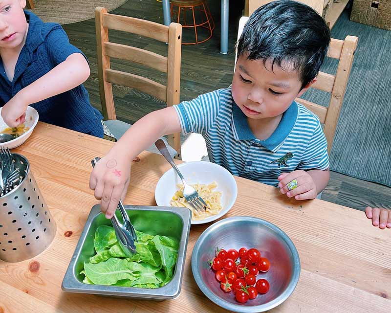 Child in a blue stripey shirt sits at a table with a bowl and fork. He is reaching forward with a pair of tongs to select homegrown lettuce leaves. Next to the lettuce is a bowl of juicy red cherry tomatoes made from easy seeds to grow for preschoolers.