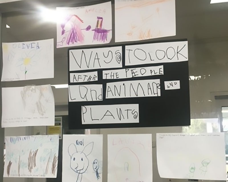 A rooms glass window displays a poster with a topic surrounded by children's inquiry through drawing. Displays are a strategy to make children's learning visible.