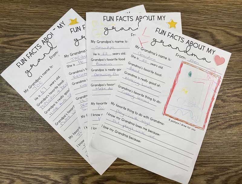 A Grandparents Day idea where children collect fun facts on a sheet about their grandparents. Four sheets contain questions and a place to draw their grandparent.