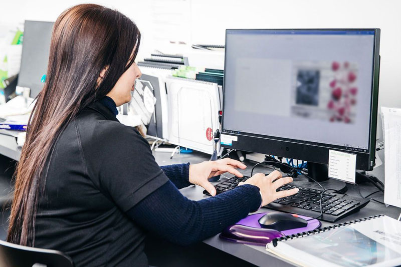 An employee sits at an computer station to access our LMS which creates a learning foundation for educators.