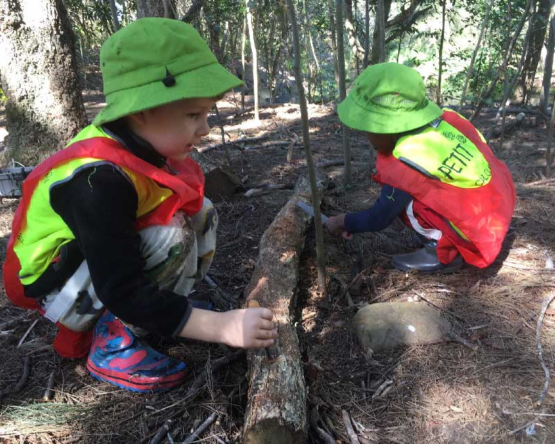 Two children out in nature find loose parts such as branches, sticks and tocks during Bush Kindy.
