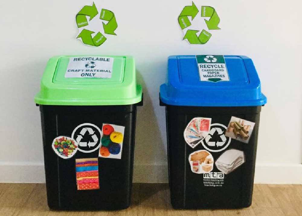 Two recycling bins up against a early childhood education and care wall. The green lidded bin on the left has a printed notice that reads: Recylable Craft Material Only and the sign on the blue lidded bin on the right reads, Recycle Cardboard, Paper and Magazines. Above each bin is a recycle sign with the words, reduce, reuse and recycle. The body of each bin has images stuck on it to show the types of materials that can be recycled. The blue bin has an image representing recycle cards.