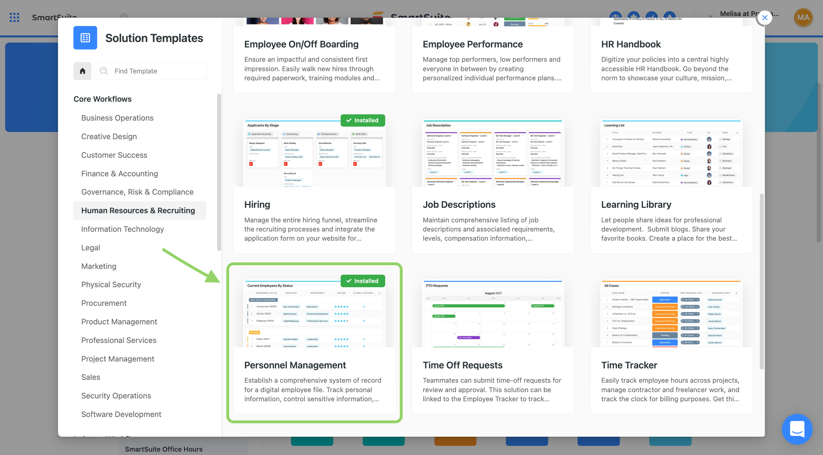 Select SmartSuite Personnel Management Template