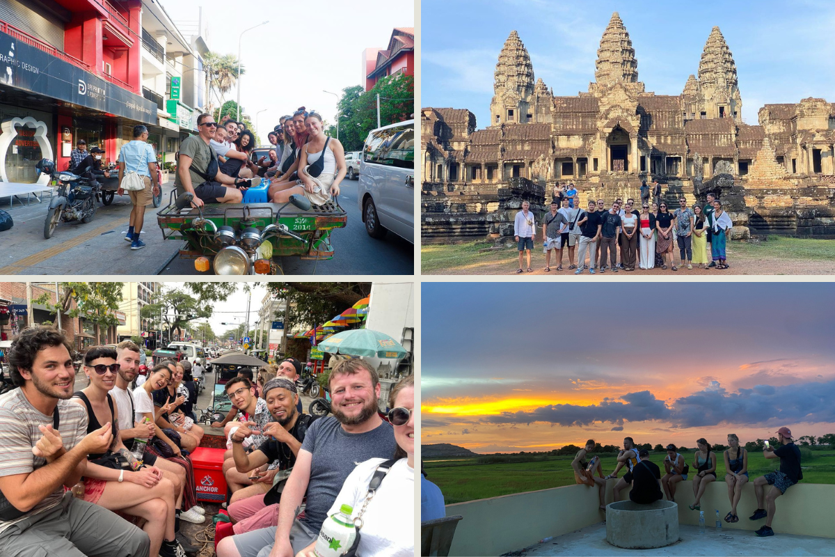 collage images of Lub d Siem Reap guests joining the Siem Reap city tour and Angkor Wat tour