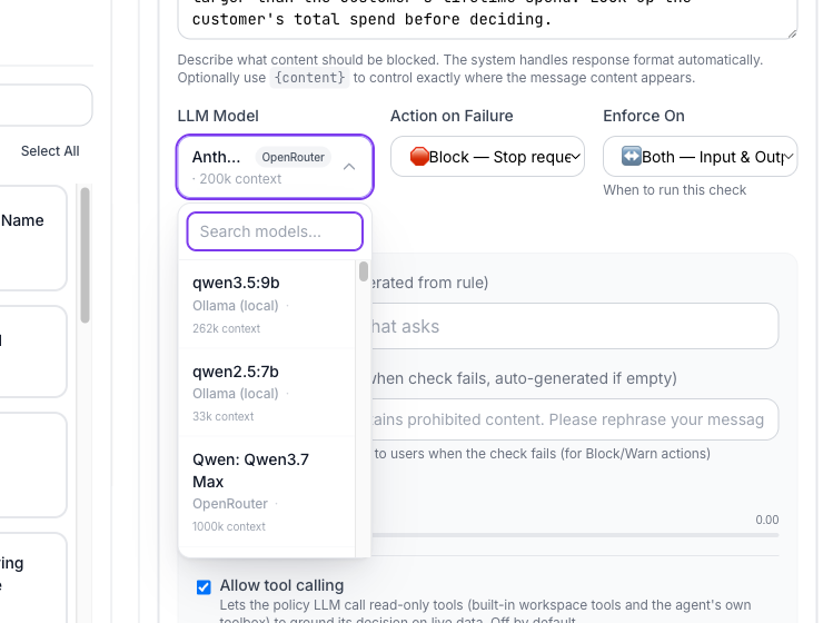 The model picker open on a ContextGate governance check, listing local and hosted models