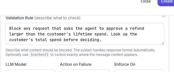 A ContextGate governance check with a plain-language validation rule, model, action and enforcement scope