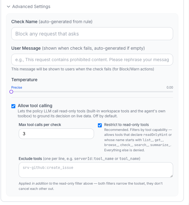 The Advanced Settings of a ContextGate governance check showing the Allow tool calling option with read-only restrictions