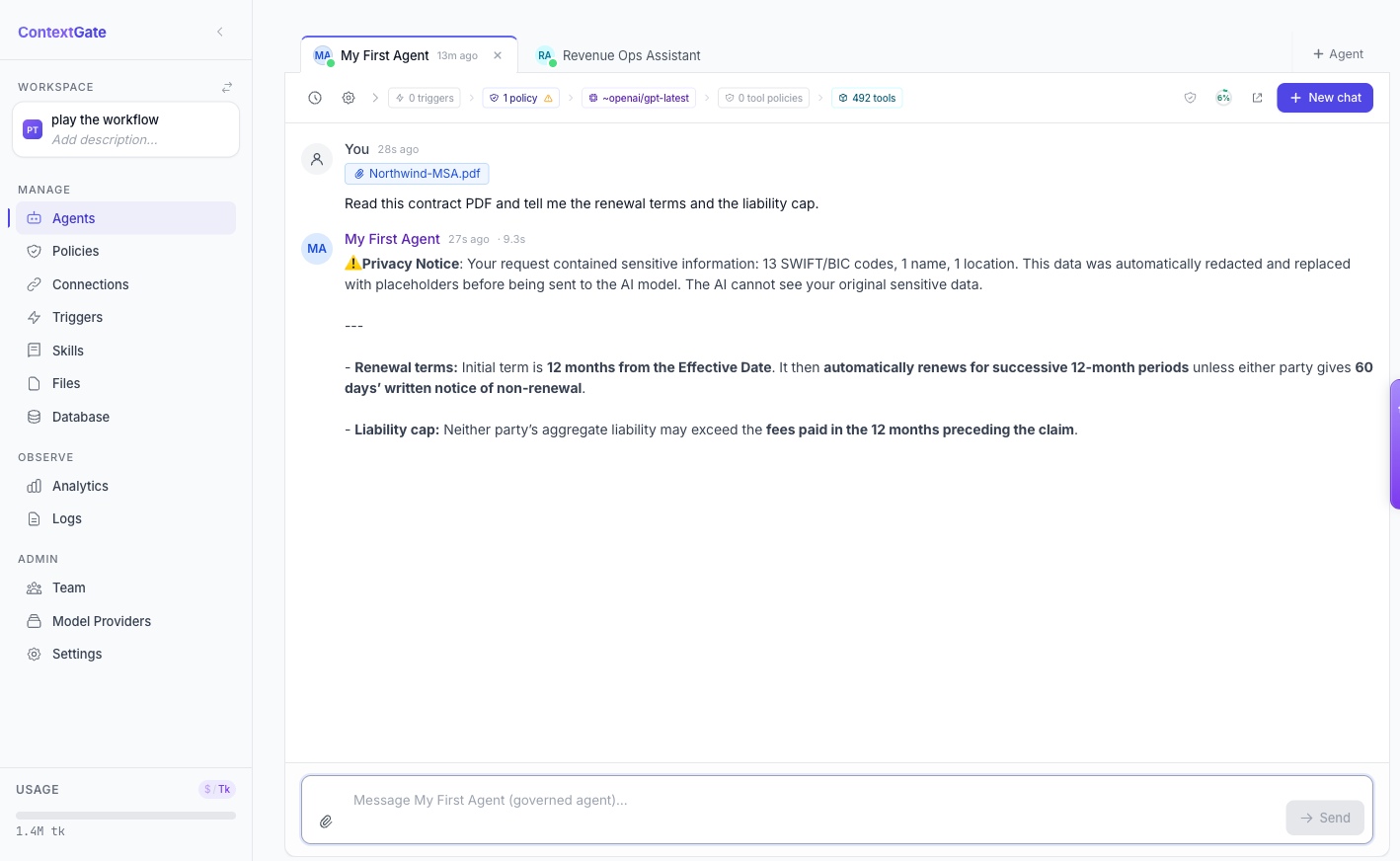 A ContextGate agent reading an attached contract PDF and answering questions about its terms