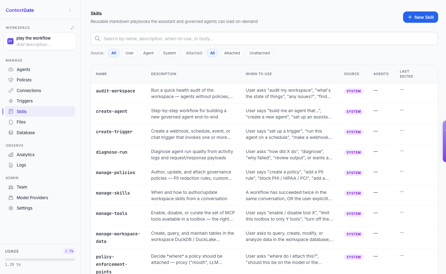The Skills Library catalog with search, source filters and a table of skills