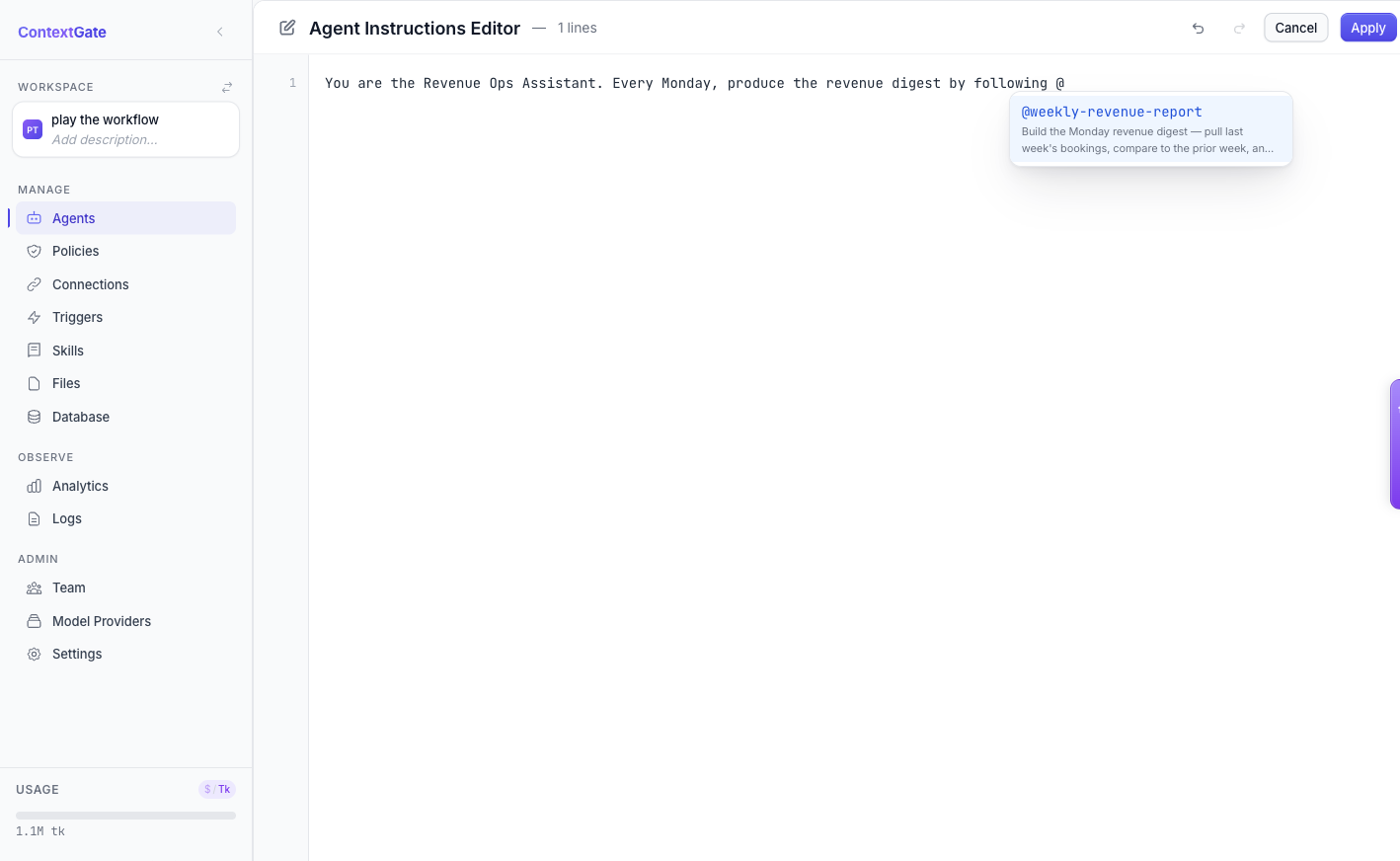 The @-mention skill picker open inside the agent instructions editor