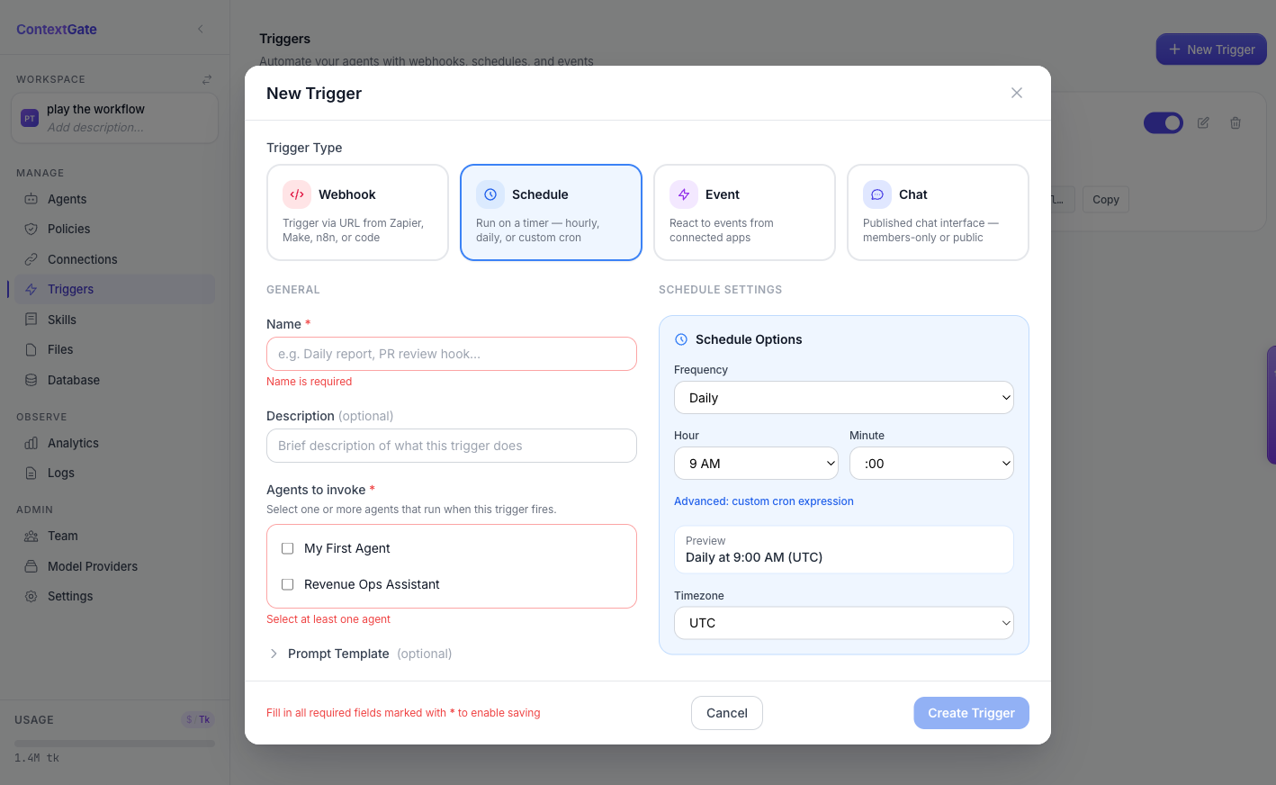The schedule trigger builder with frequency, hour, minute and timezone fields