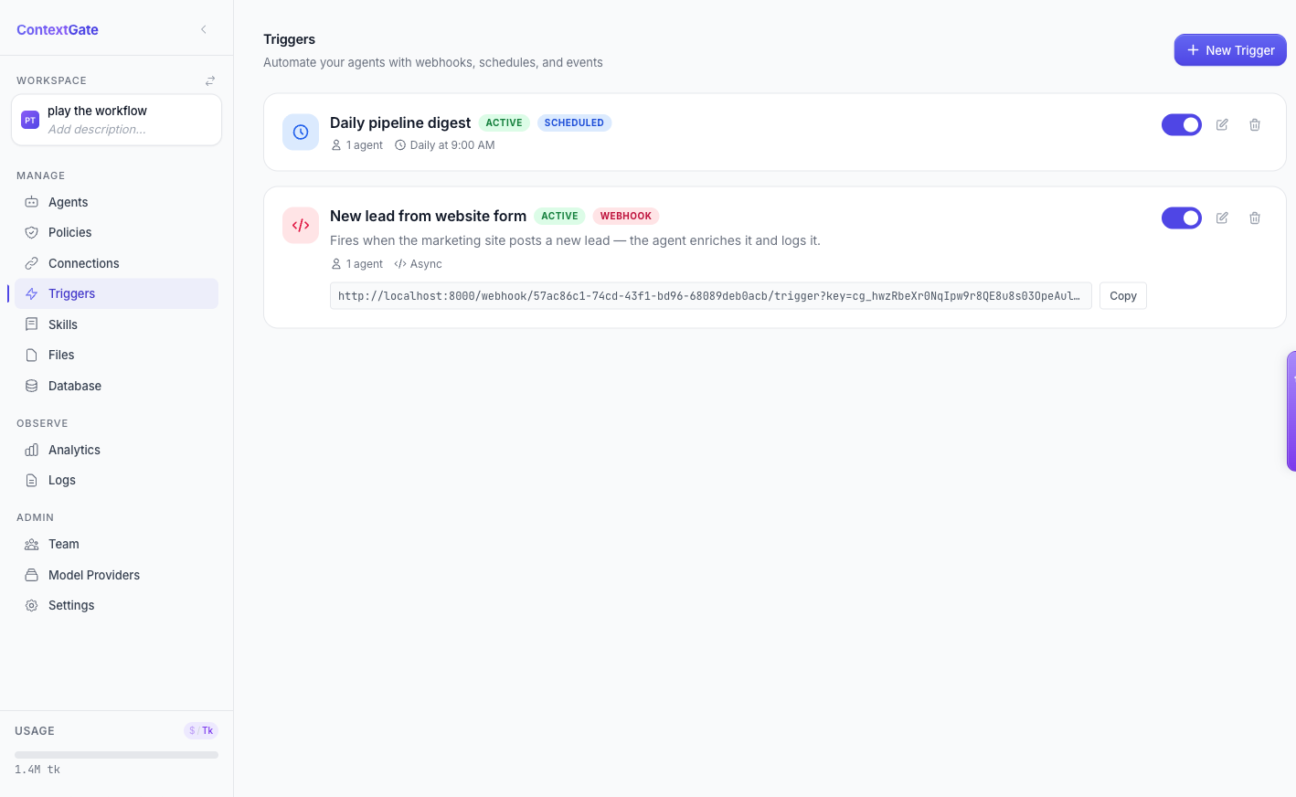 The Triggers page listing an active webhook trigger with its URL and a scheduled trigger