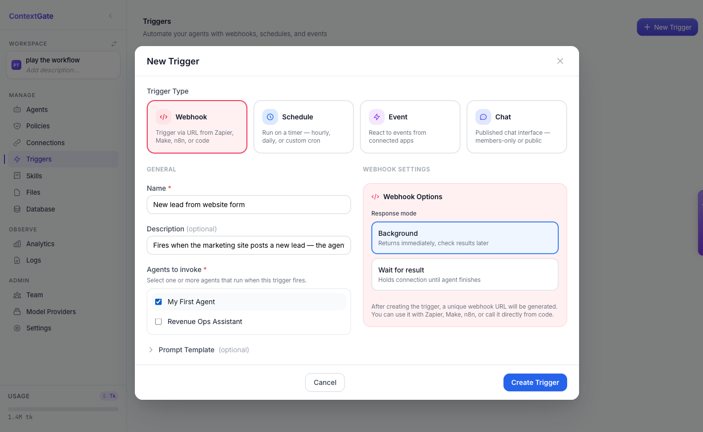 The New Trigger dialog with Webhook, Schedule, Event and Chat trigger types