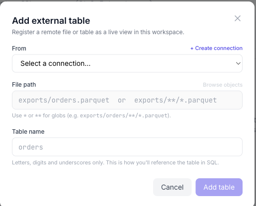 The Add external table dialog in ContextGate