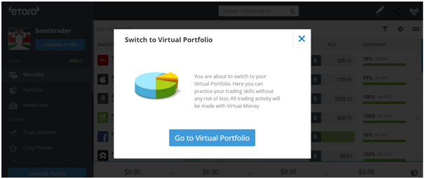 Función de cartera virtual de eToro.