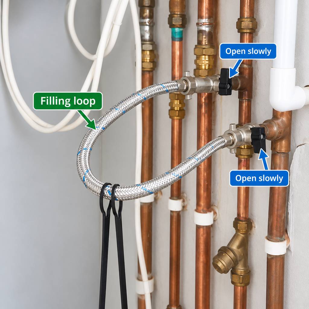 External flexible braided filling loop showing two black isolation valve taps
