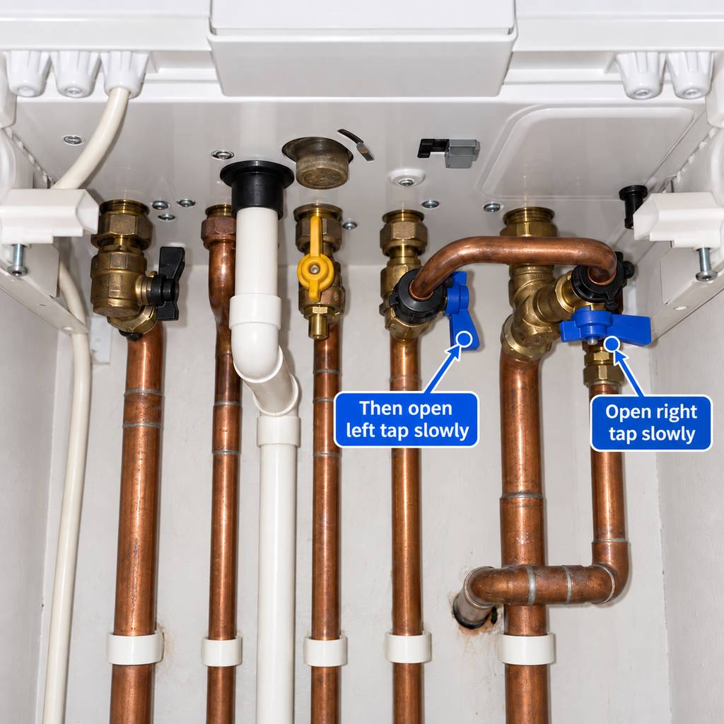 Underside of boiler showing how to open right tap then left tap to fill system