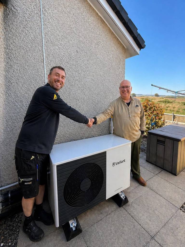 Handshake after successful Vaillant heat pump installation in Blackford