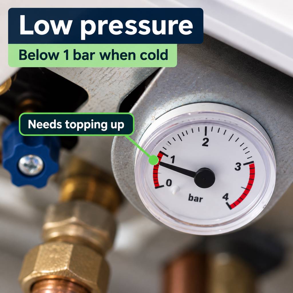 Boiler pressure gauge showing low pressure needle below 1 bar needing top up
