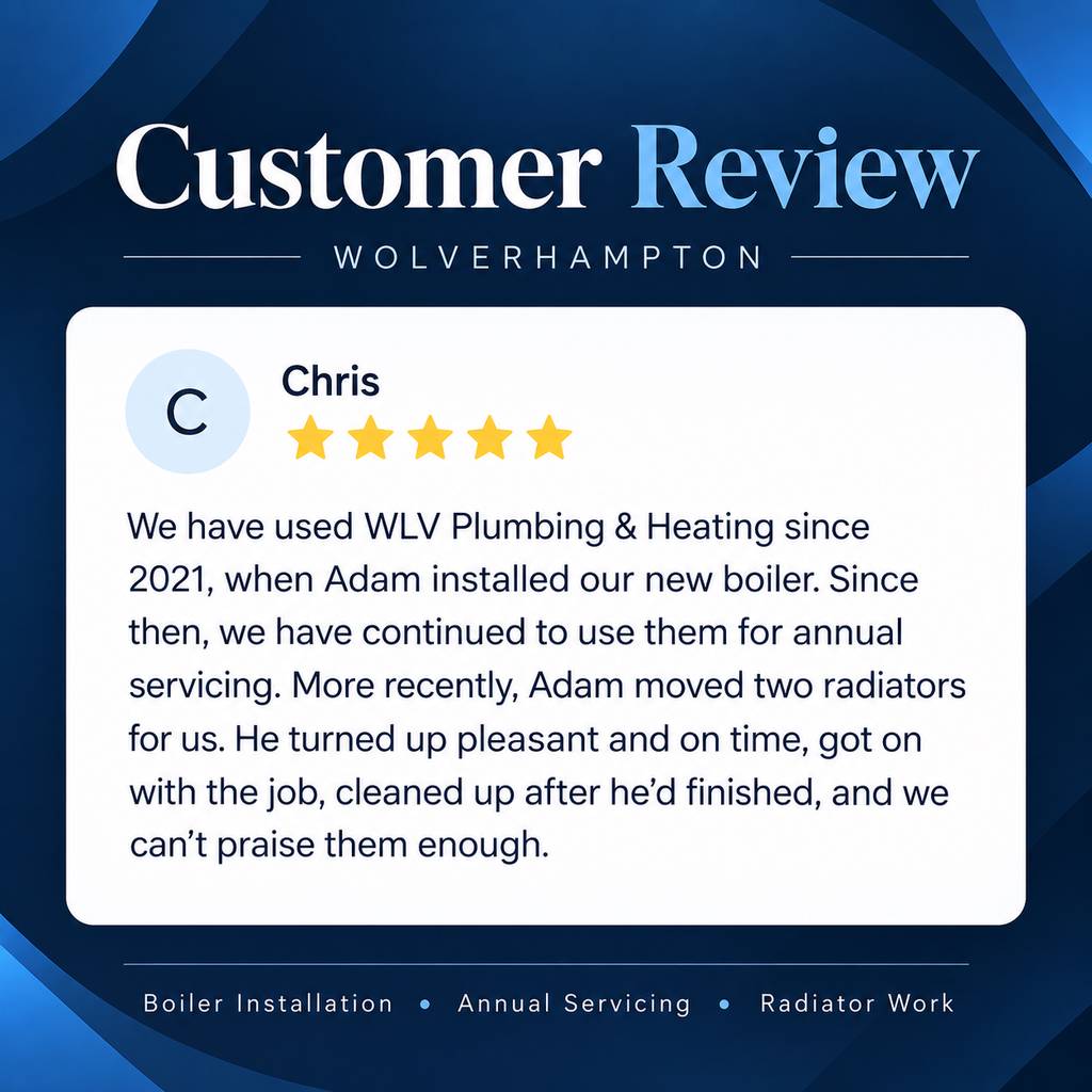 5-star customer review from Chris in Wolverhampton praising Adam and WLV Plumbing & Heating