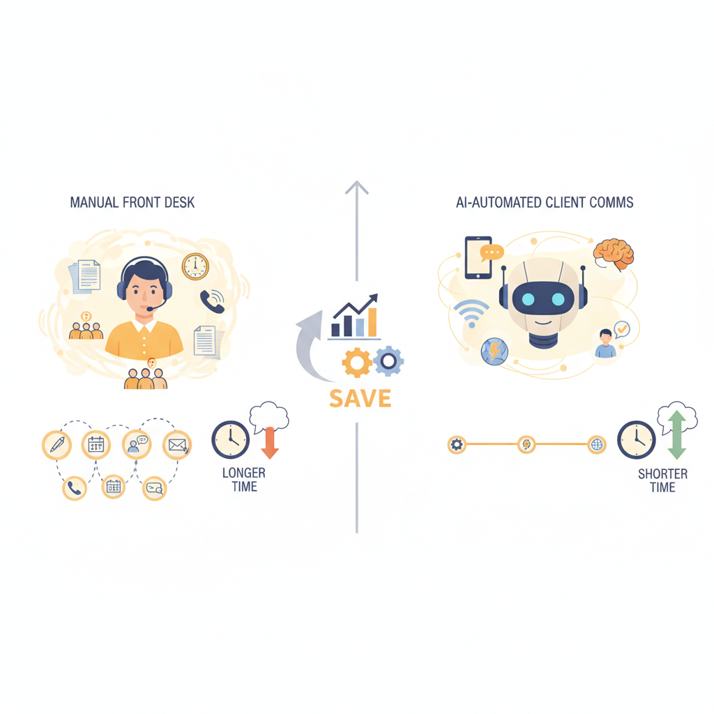 Un gráfico de comparación interactivo que muestra un flujo de trabajo manual de recepción frente a un flujo de trabajo de comunicación con el cliente automatizado por IA, destacando el ahorro de tiempo y los puntos de contacto.