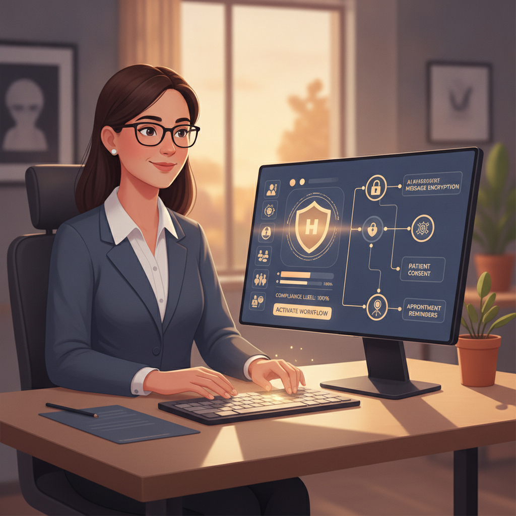 Administrador de la consulta configurando flujos de trabajo de mensajería de IA compatibles con HIPAA en un panel de control seguro