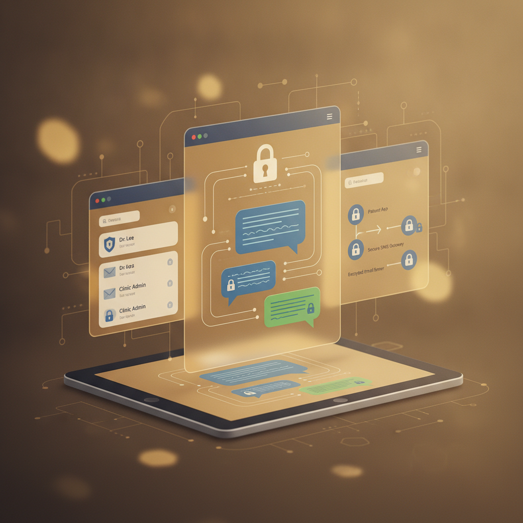 Portal de comunicación de pacientes seguro y compatible con HIPAA que muestra flujos de trabajo encriptados de SMS y correo electrónico