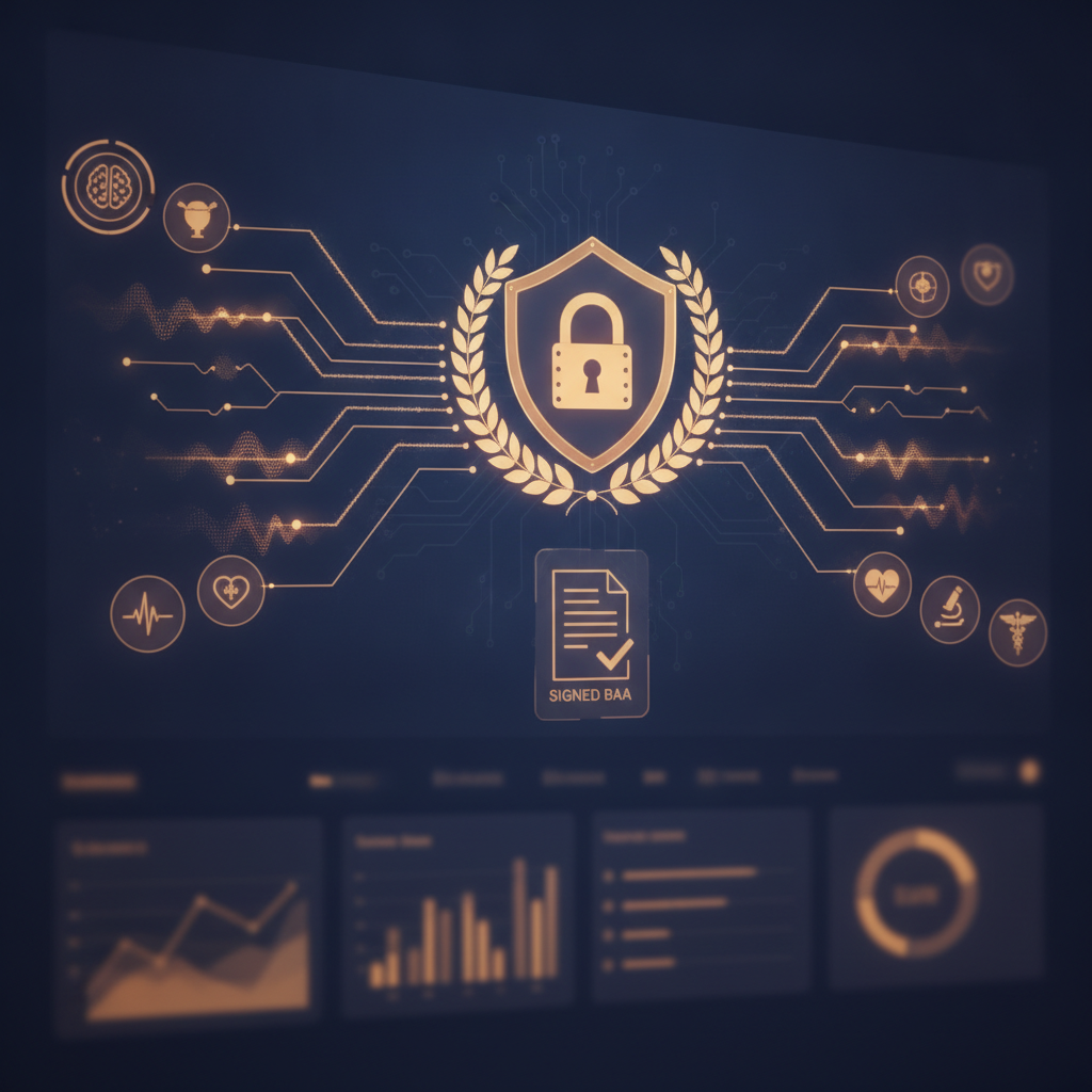 Un panel seguro y cifrado de una plataforma de IA para el sector salud que muestra un icono de candado de Acuerdo de Asociación Comercial (BAA) firmado y representaciones visuales de flujo de datos cifrados.