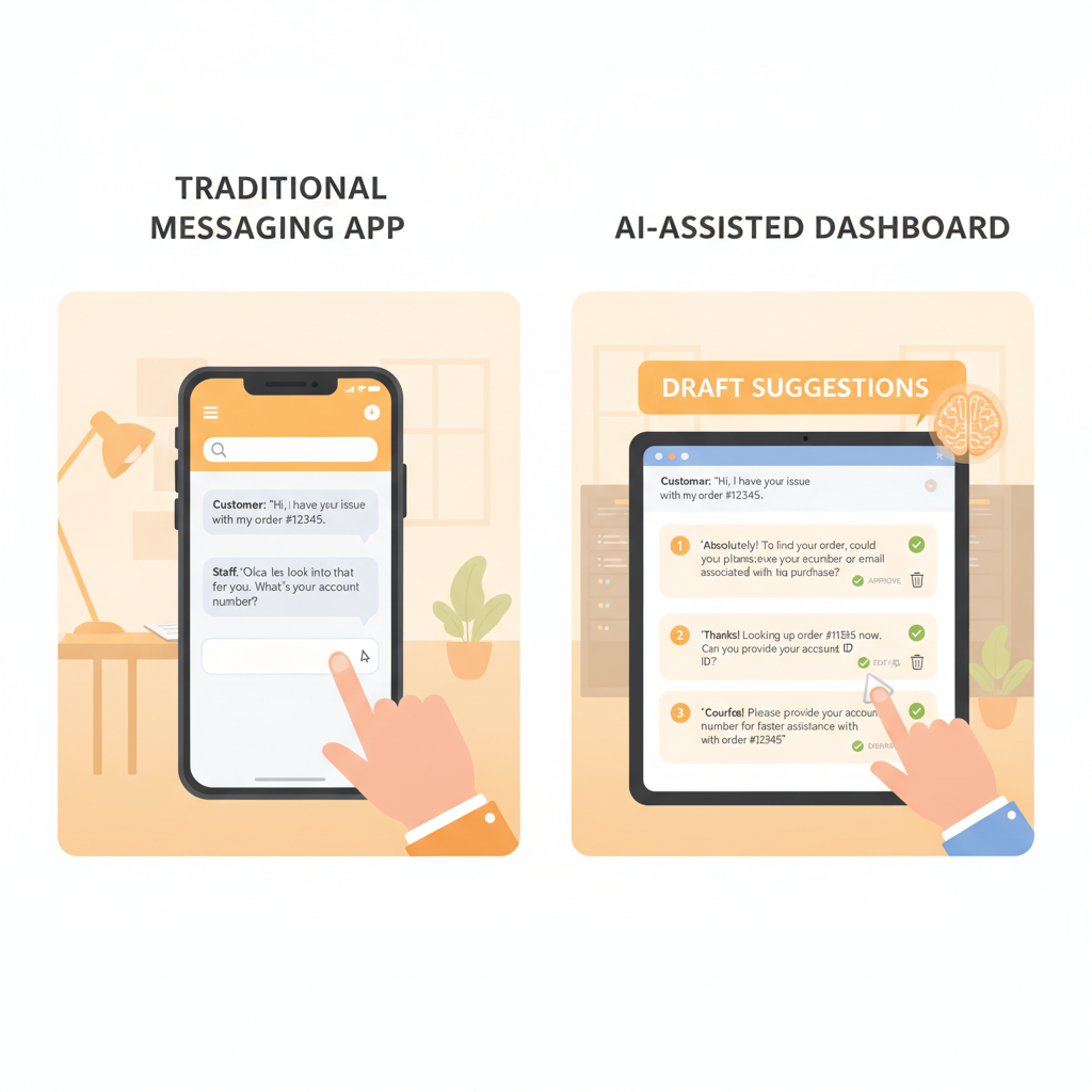 Una pantalla de comparación lado a lado que muestra una aplicación de mensajería manual tradicional frente a un panel de mensajería asistido por IA donde se sugieren borradores de respuestas automáticamente para la revisión del personal.