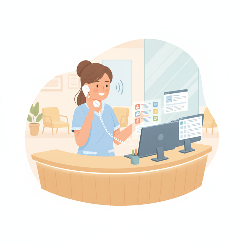 Recepcionista médica ocupada gestionando llamadas de pacientes y mensajes digitales