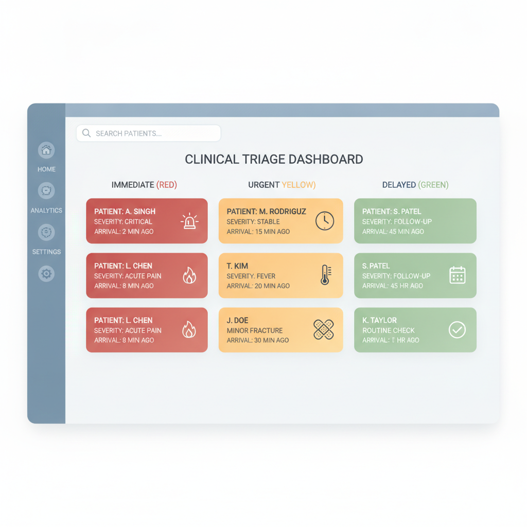 A clean, user friendly digital interface showing patient clinical triage priority tags