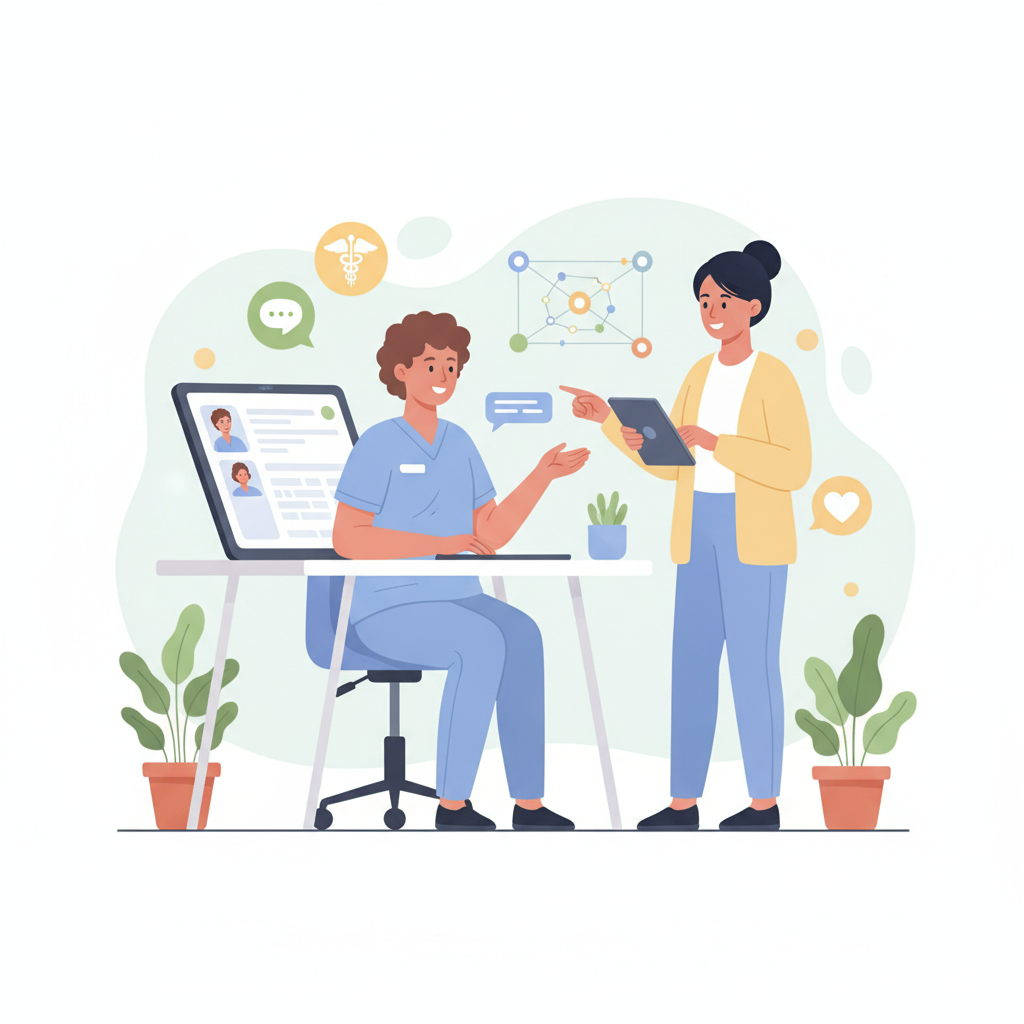 Personal administrativo de una clínica gestionando la comunicación con pacientes mediante una plataforma digital