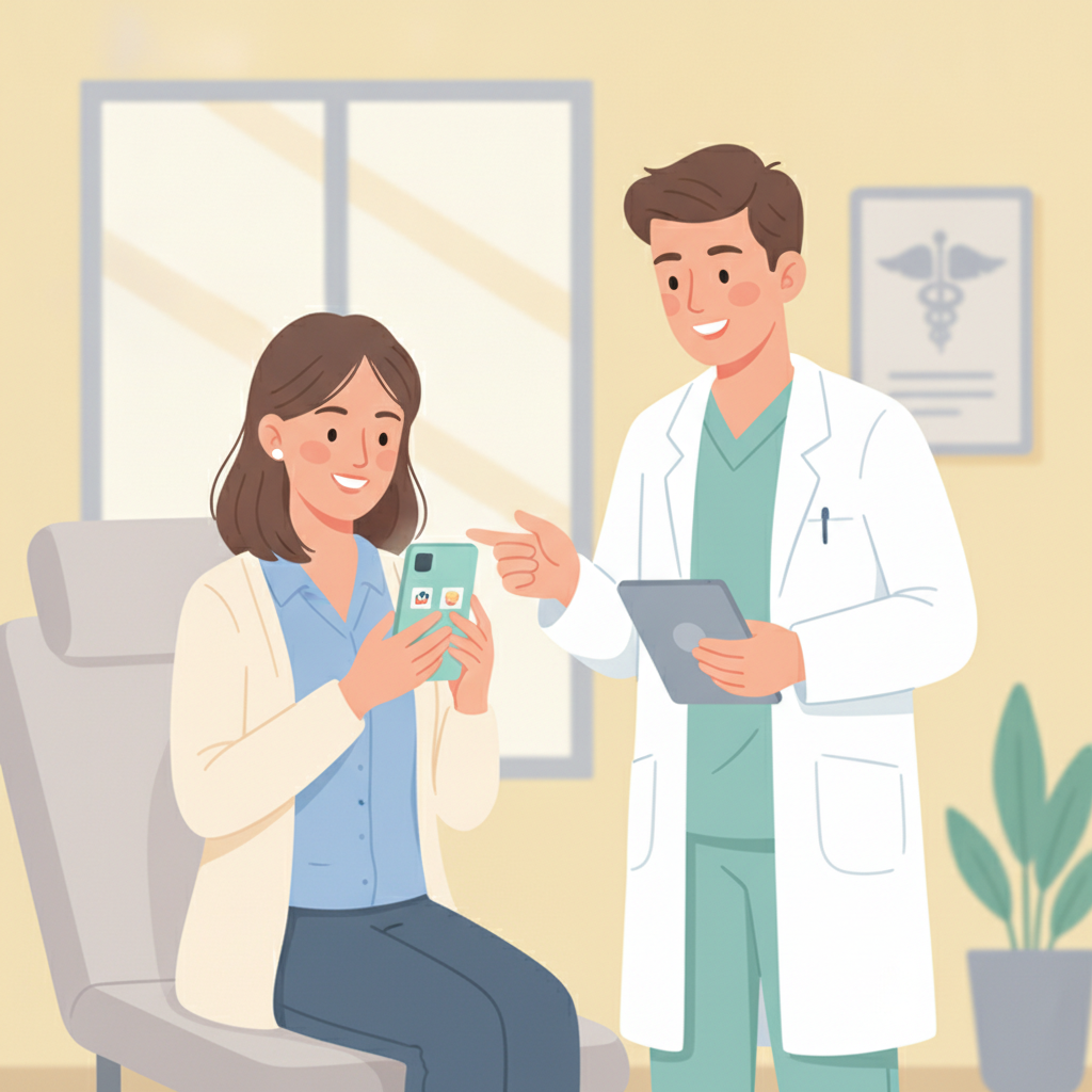 Paciente sonriente revisando su teléfono móvil tras una consulta médica