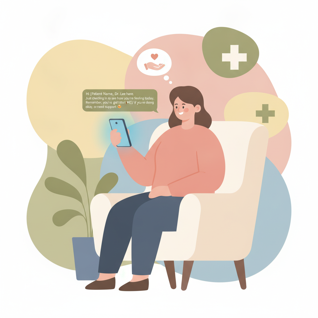 A patient looking at their smartphone, receiving a supportive automated check-in text from their doctor.