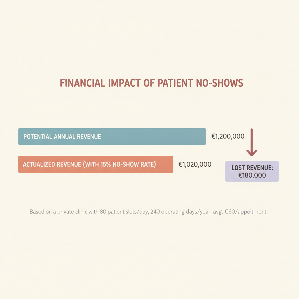 Un gráfico que muestra el impacto financiero del ausentismo de los pacientes en los ingresos anuales de una clínica privada