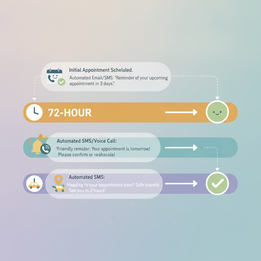 Un diagrama de línea de tiempo de la secuencia de recordatorios automatizados para pacientes de 72 horas, 24 horas y 2 horas