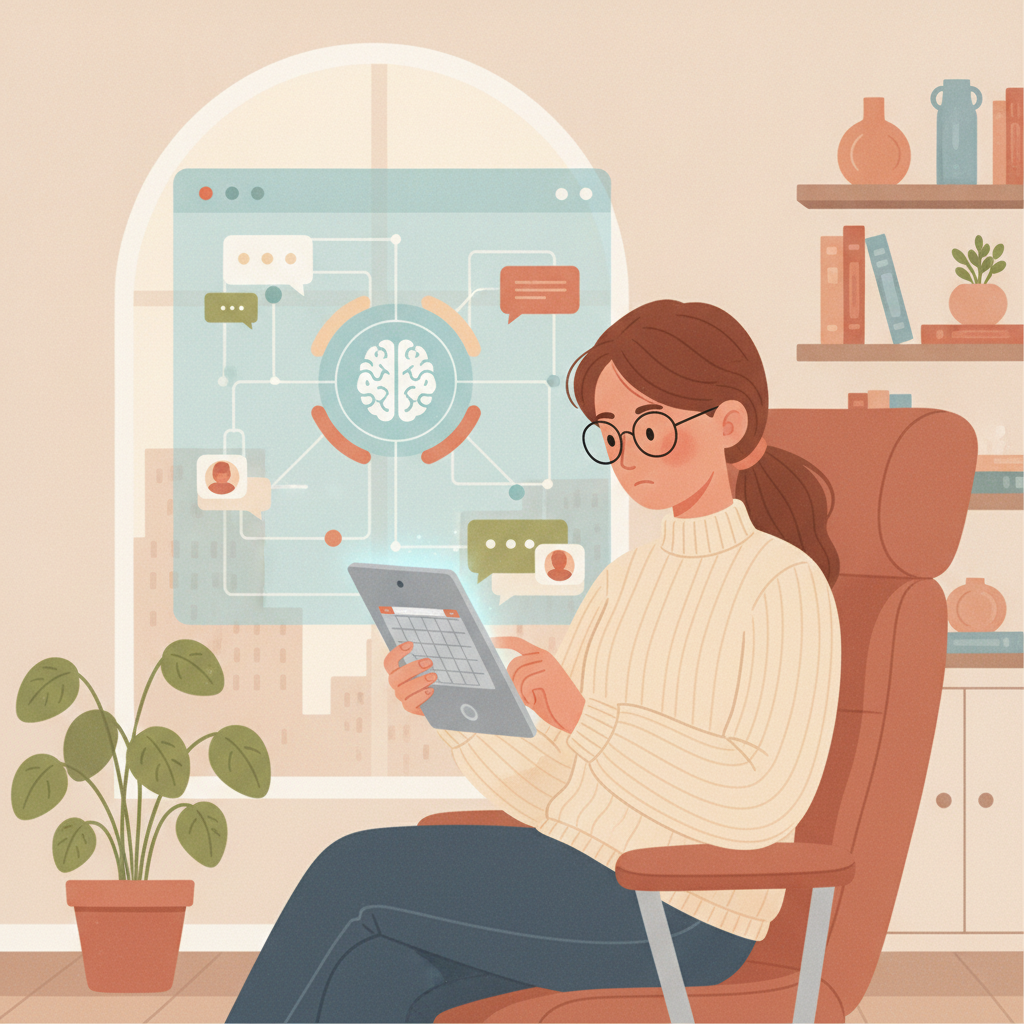 Un terapeuta revisando su agenda en una tableta digital mientras un sistema de IA gestiona las consultas de los clientes en segundo plano