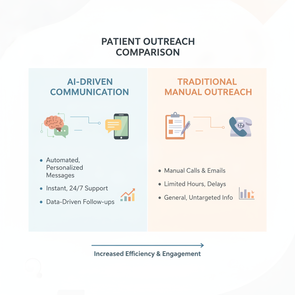 Comparison chart illustrating AI-driven communication versus traditional manual patient outreach.