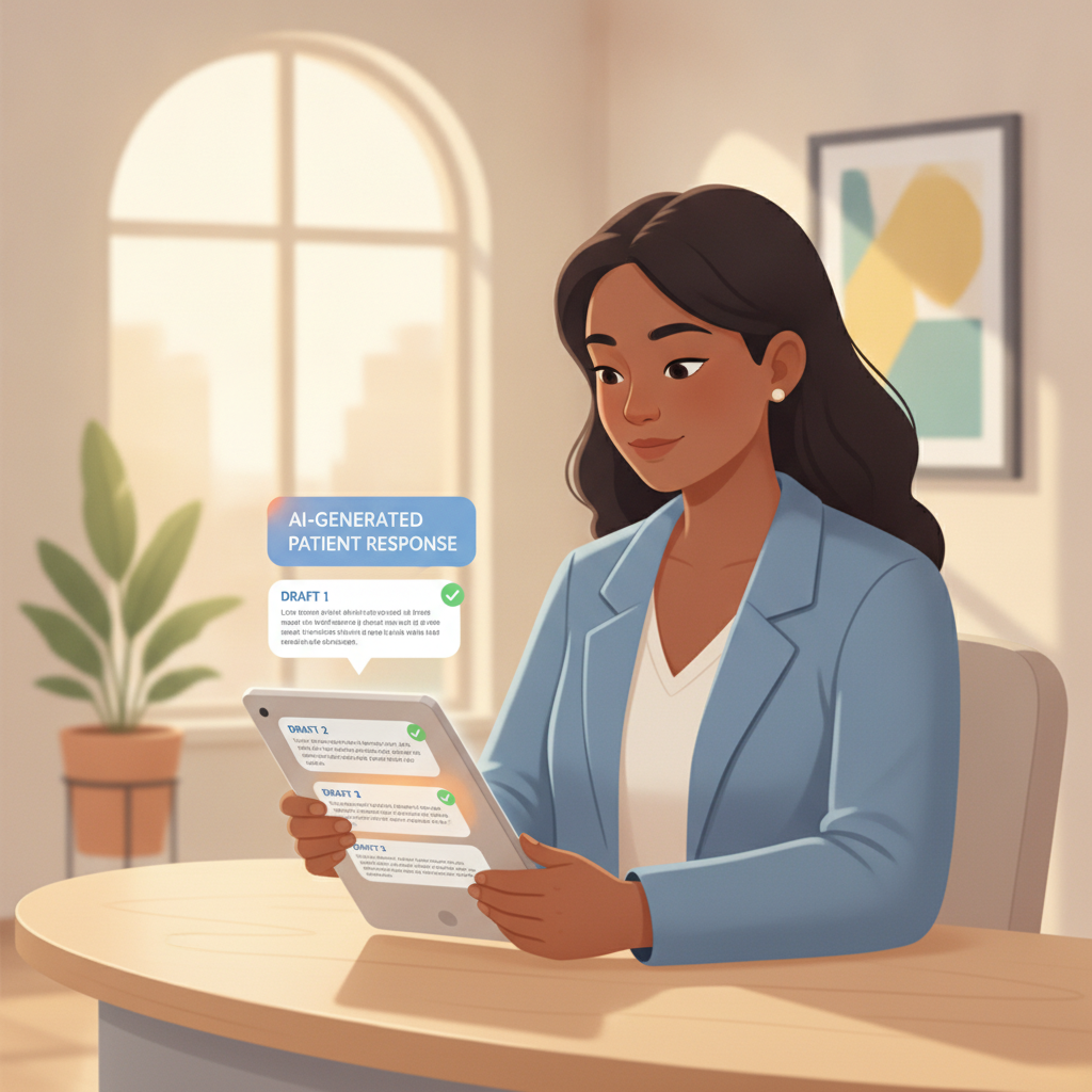 A clinician reviewing an AI-generated patient response on a tablet screen, showing high-quality drafts.