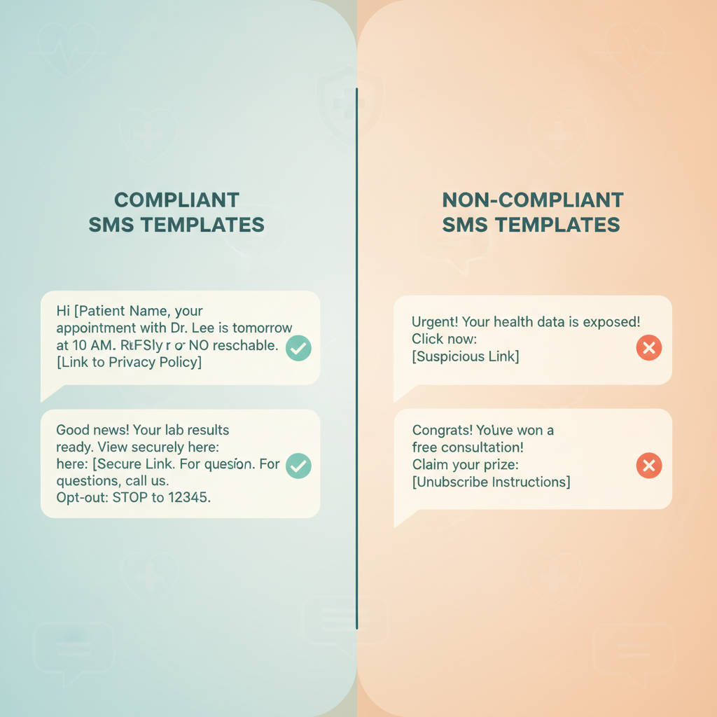 Examples of compliant and non-compliant healthcare SMS templates side by side