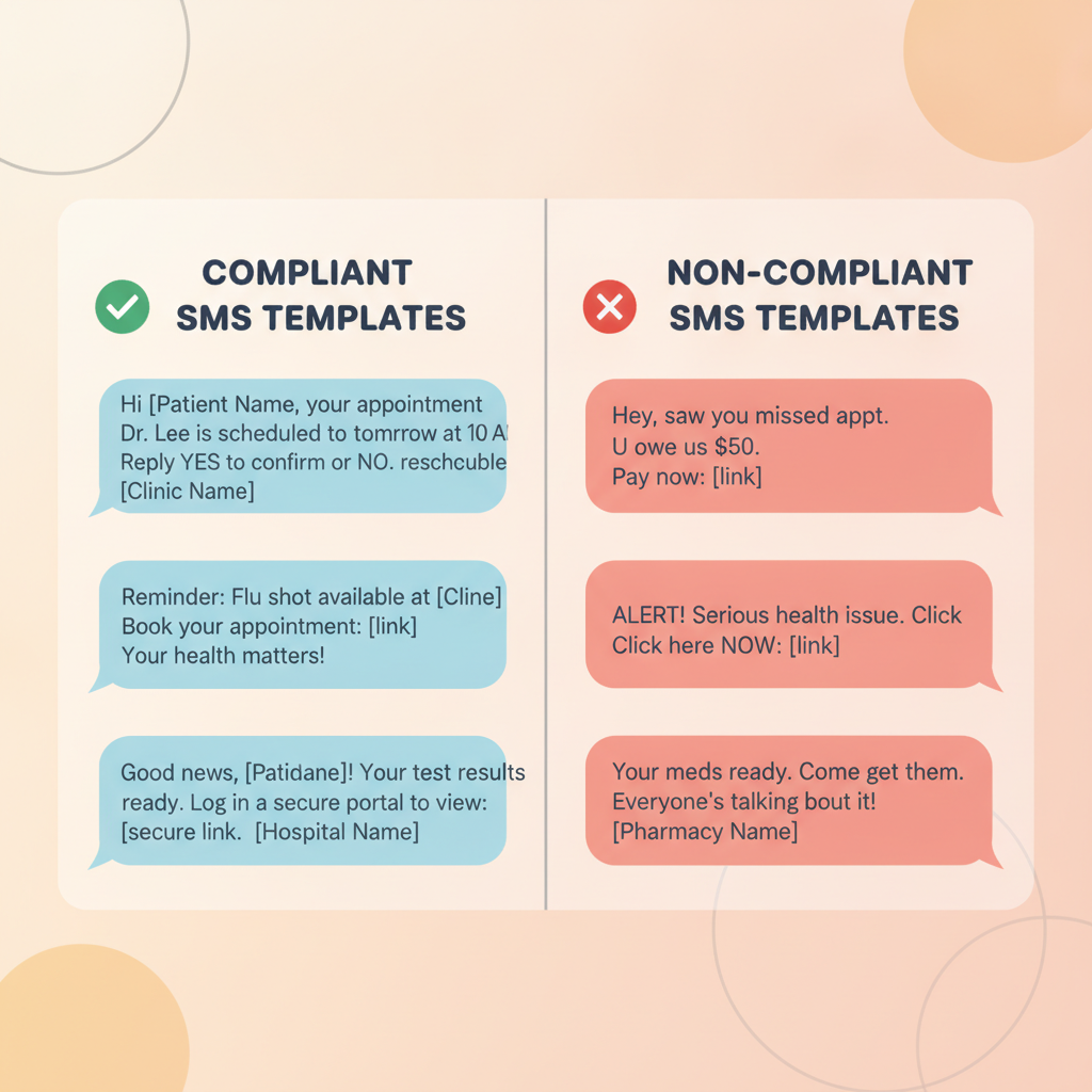 Examples of compliant and non-compliant healthcare SMS templates side by side