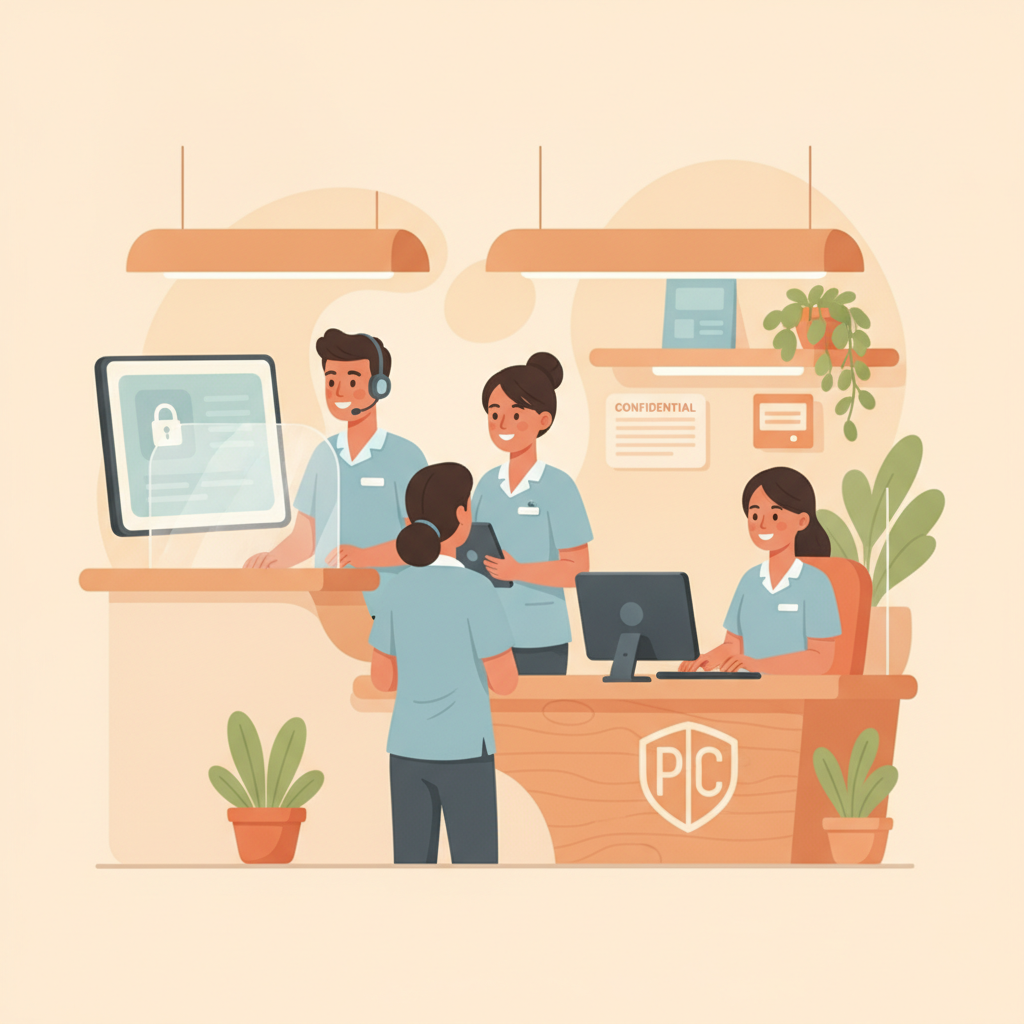 Front desk staff managing patient communications securely