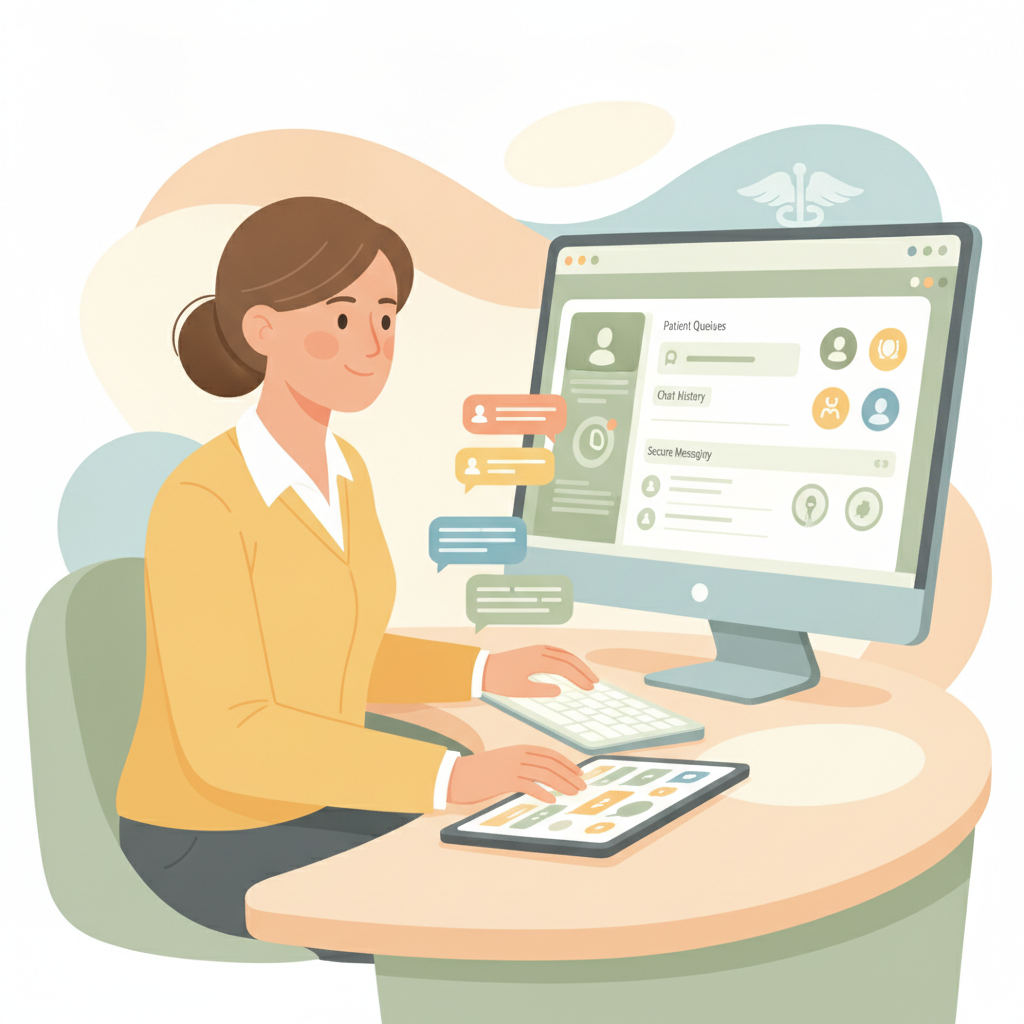 Una recepcionista médica utilizando un panel de control seguro en la computadora para gestionar los chats web de los pacientes.