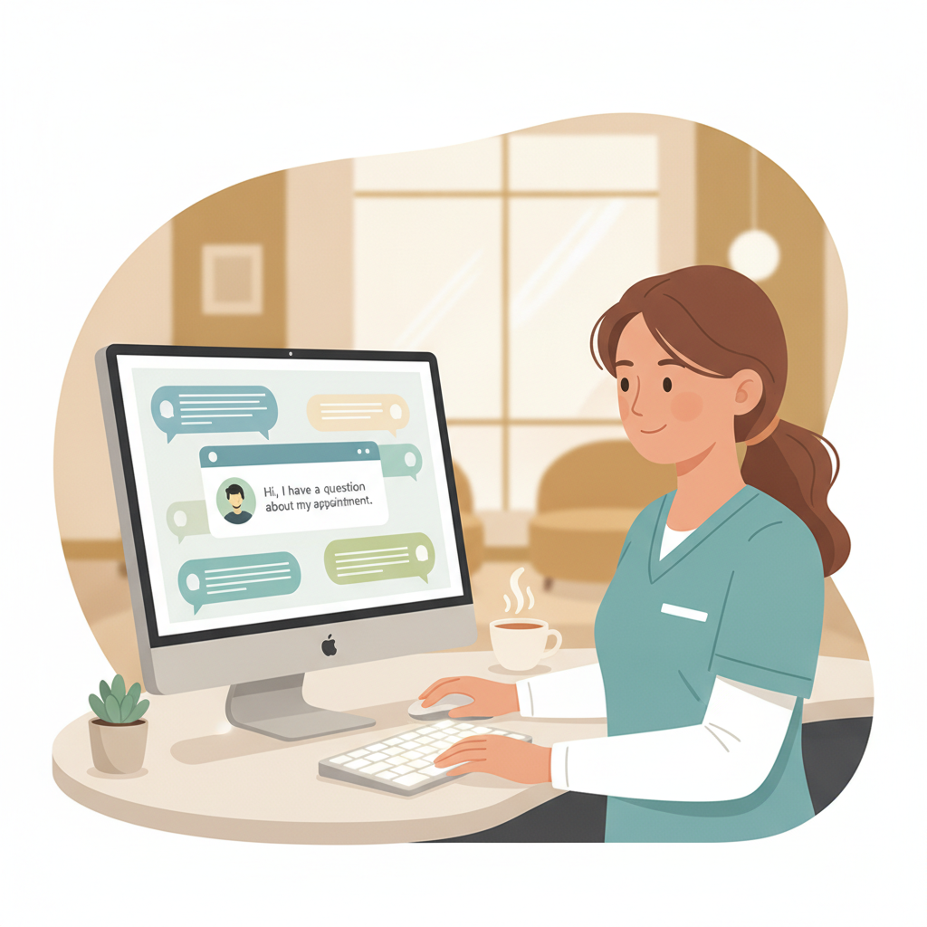 A medical receptionist using a secure computer dashboard to manage patient web chats.