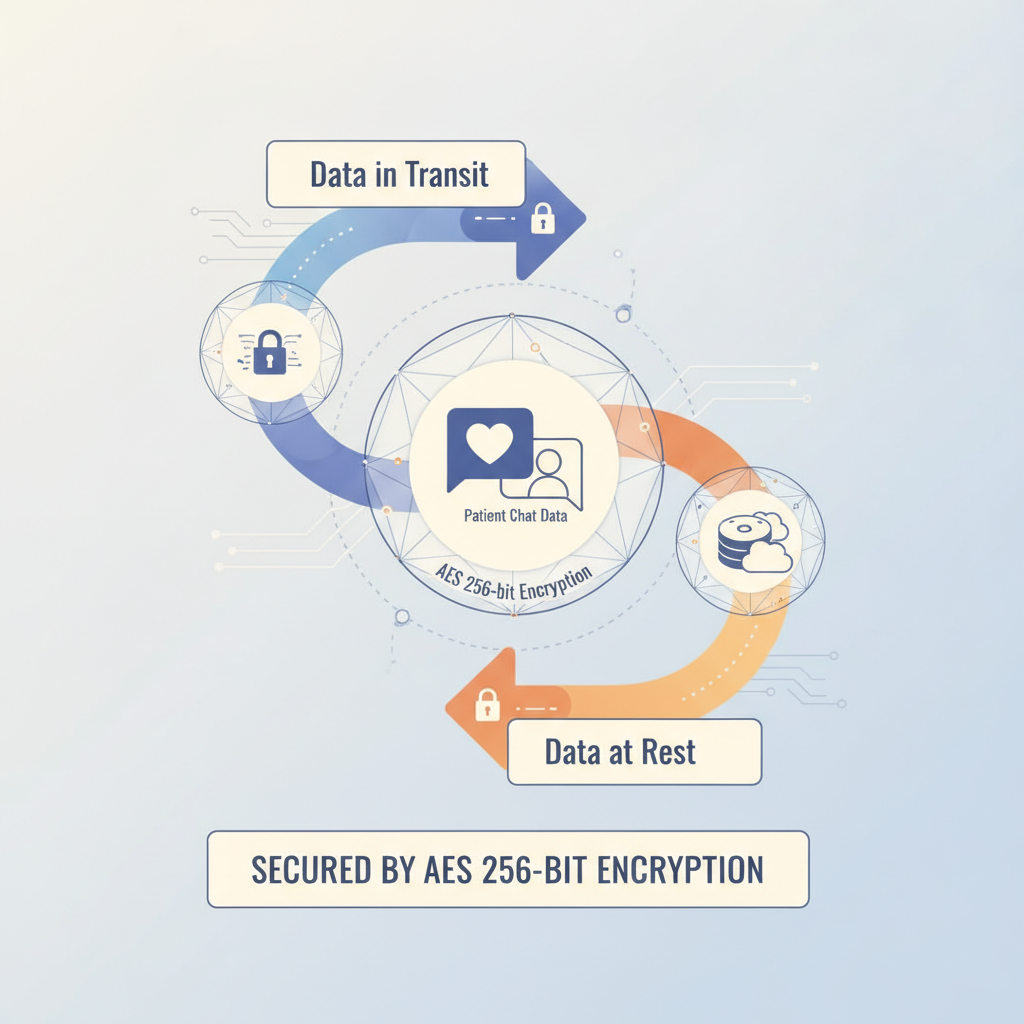 A diagram showing secure AES 256-bit encryption protecting patient chat data in transit and at rest.