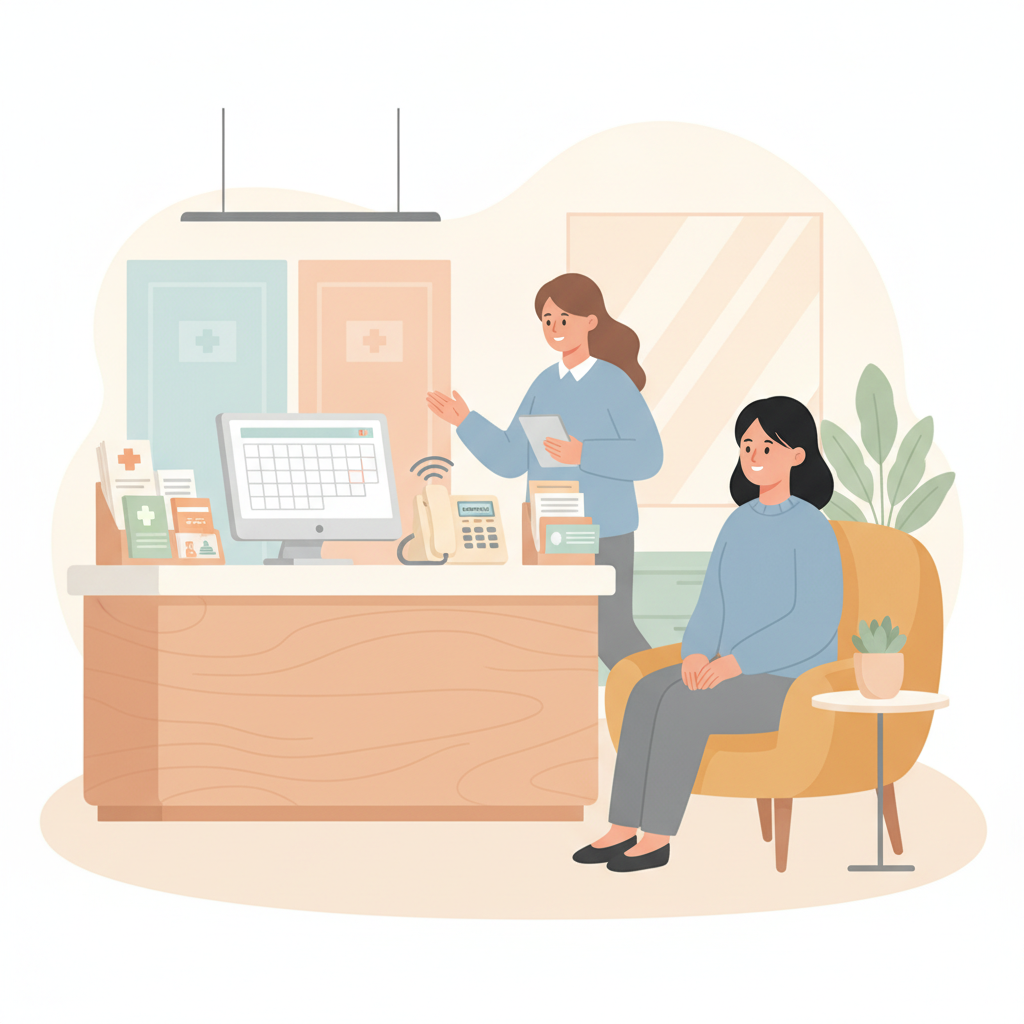 A busy clinic reception desk with an unanswered ringing phone and a patient waiting.
