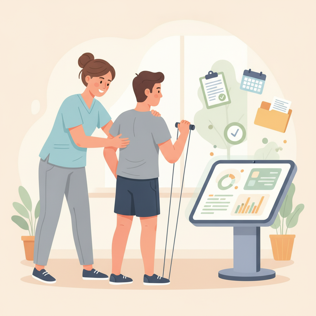 A physical therapist focusing on hands-on patient care while an AI assistant handles background administrative tasks.