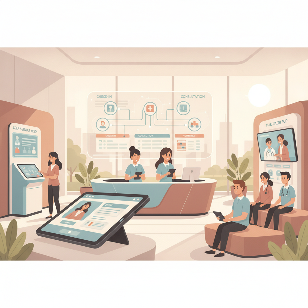 A clean, modern medical clinic office illustrating efficient administrative workflows