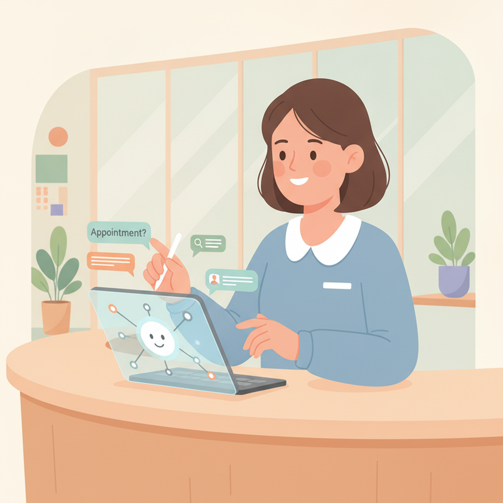 A friendly medical receptionist using an AI-powered tablet to manage patient inquiries effortlessly