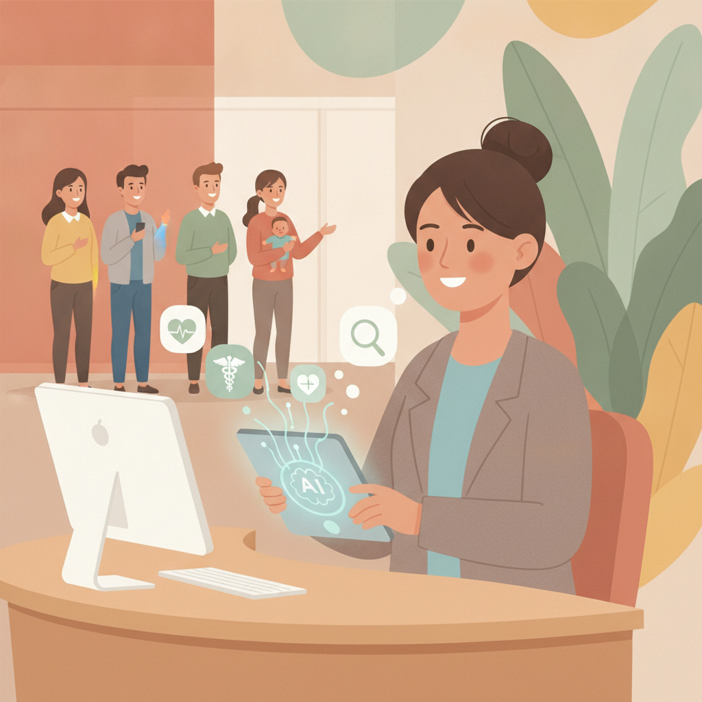 A friendly medical receptionist using an AI-powered tablet to manage patient inquiries effortlessly